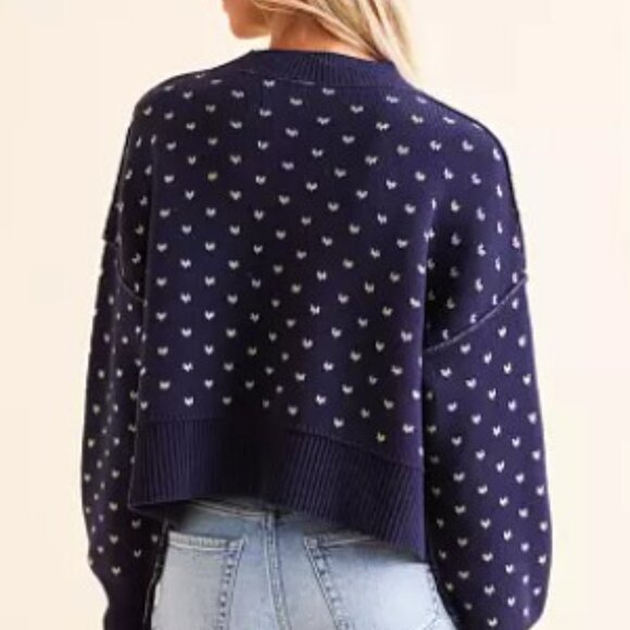 Free People Easy Street Cropped Crew Neck Sweater Navy Patterned – Size M – NWT - Picture 2 of 10